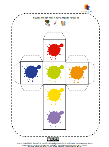 Dado de colores diferente en cada cara del dado (rojo, azul, verde, amarillo, naranja y violeta)
