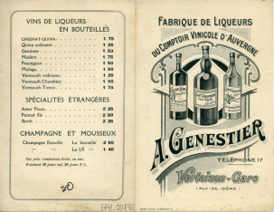 Díptico publicitario de fábrica de licores "A. Genestier" (Puy-de-Dôme, Francia)