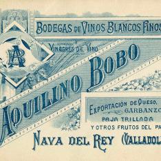 Tarjeta comercial. Bodegas Aquilino Bobo. Nava del Rey. Valladolid