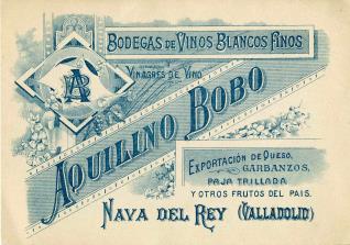 Tarjeta comercial. Bodegas Aquilino Bobo. Nava del Rey. Valladolid