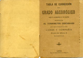 Tabla de corrección del grado alcohólico según la temperatura de los líquidos arreglada al termómetro centígrado. Lizabe y Cª. Zaragoza, 1896