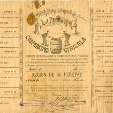Título de acciones por valor de 50 pesetas. La Herenciana Cooperativa Vinícola. 1921