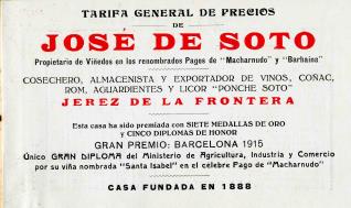 Listado de precios. Bodega José de Soto. Jerez de la Frontera