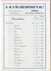 Listado de precios de los productos de A.R. Valdespino y Hno. Jerez de la Frontera. [ca. 1915]