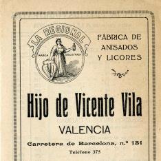Listado de precios. Fábrica de anisados y licores "Hijo de Vicente Vila". Valencia. 1928