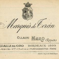 Listado de precios. Bodega Marqués de Terán. Ollauri. Haro. La Rioja. 1903