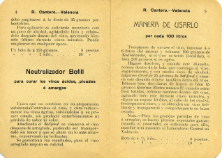 Folleto de productos enológicos para vinos, licores, aceites y jarabes. Casa R. Cantero. (Valencia). 1906