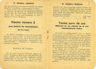 Folleto de productos enológicos para vinos, licores, aceites y jarabes. Casa R. Cantero. (Valencia). 1906