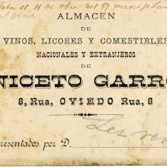 Tarjeta de representación. Almacén de vinos Niceto Garro. Oviedo