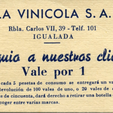 Tarjeta vale obsequio de 1 peseta. La vinícola, S.A. Igualada