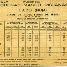 Lista de precios de vinos finos de mesa de Rioja . Bodegas Vasco Riojanas (Haro, La Rioja). 19 agosto 1925