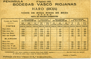 Lista de precios de vinos finos de mesa de Rioja . Bodegas Vasco Riojanas (Haro, La Rioja). 19 agosto 1925